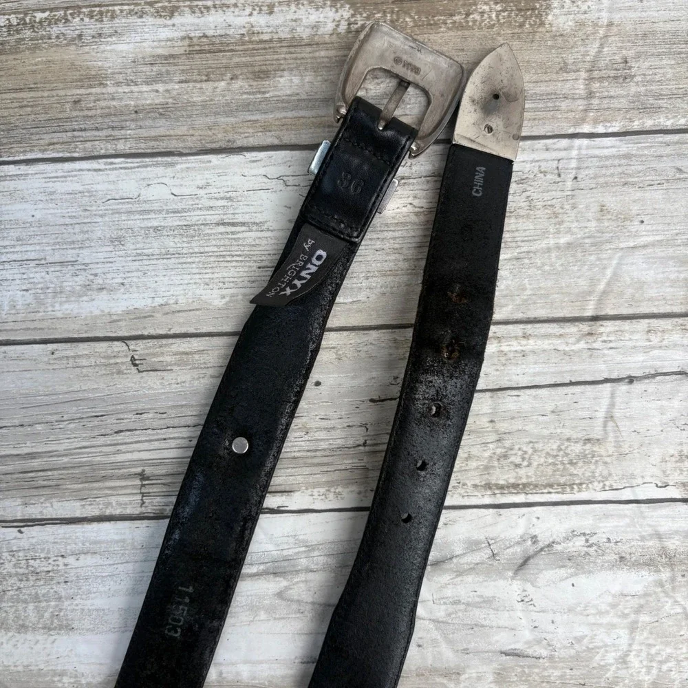 Onyx by Brighton Belt 36 Black VTG 1998 Western Golf Leather Concho Braided